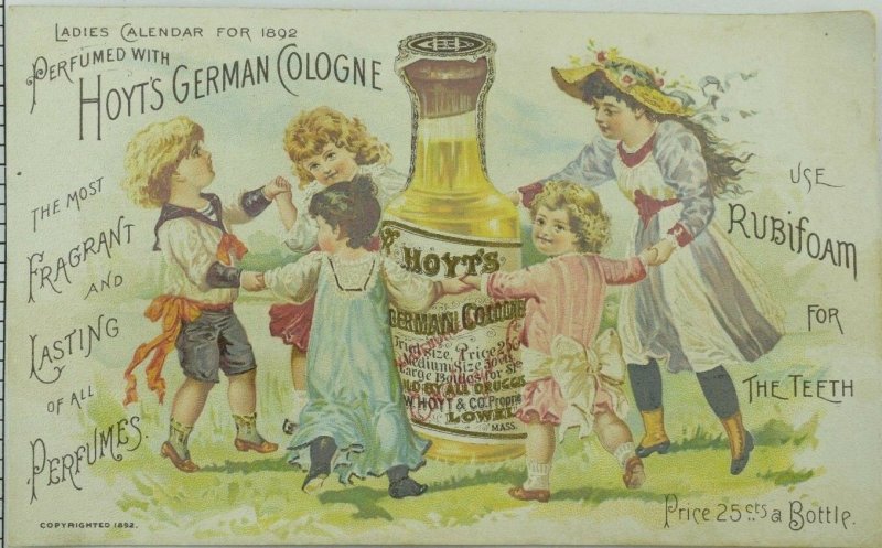 1892 Calendar Perfumed with Hoyt's German Cologne Victorian Trade Card P116
