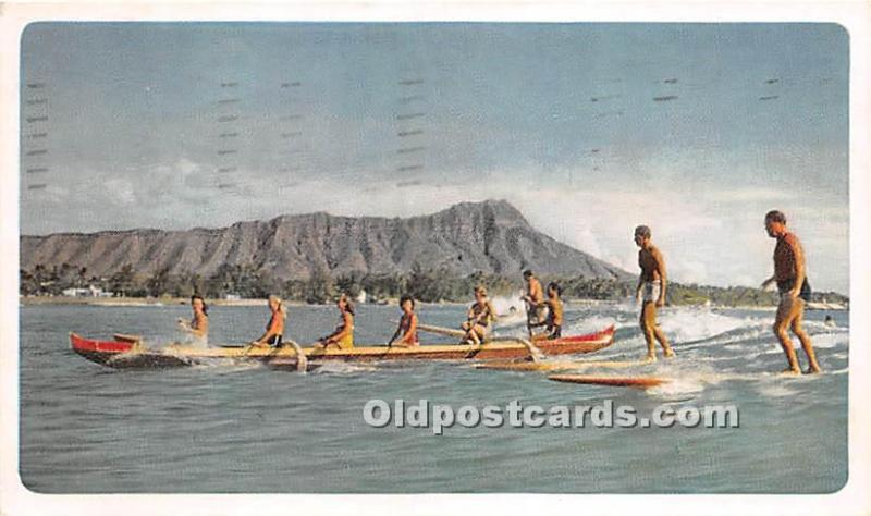 Old Vintage Rowing Postcard Post Card Surfboarding and exicitng outrigger can...