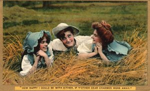 Vintage Postcard Two Young Maidens And The Boy At The Grassy Field Lovers