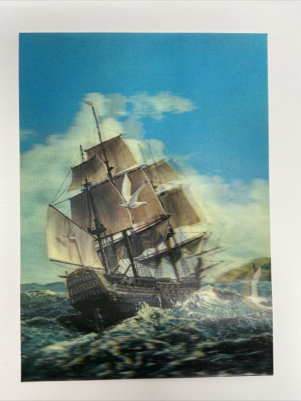Vintage Lenticular 3D Postcard Old Time Sail Ship Seagulls Asahi