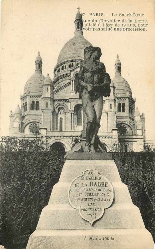 Old Postcard Paris Le Sacre Coeur Statue of Chevalier de la Barre Censor US A...