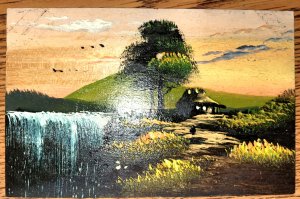 Hand Painted Japanese Postcard on Wood Veneer Waterfall Path Tree House