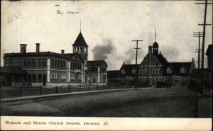 Decatur Illinois IL Wabash and IL Central Railroad Train Depot c1910 Postcard