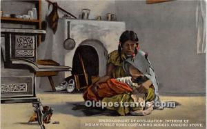  Indian Postcard Encroachment of Civilization, Interior of Indian Pueblo Home...