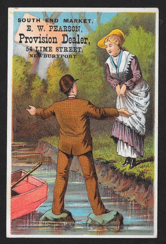 VICTORIAN TRADE CARD Pearson Provision Man on Stones in Stream Lady at Edge