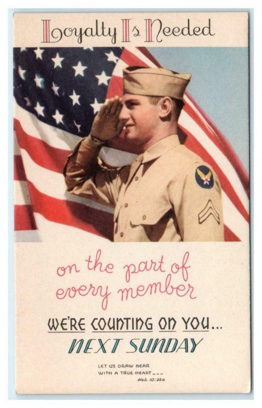 PATRIOTIC/ Come to Church c1940s ~ Young SOLDIER & US FLAG  Military Postcard