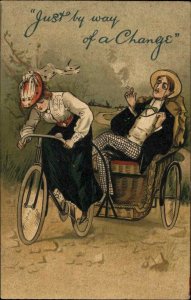 Woman Working Riding Bicycle Pulling Wagon Snooty Man Smoking Postcard