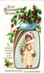 CHRISTMAS GREETING Embossed   CUTE GIRL Holds Snowy TREE- HOLLY  1921  Postcard