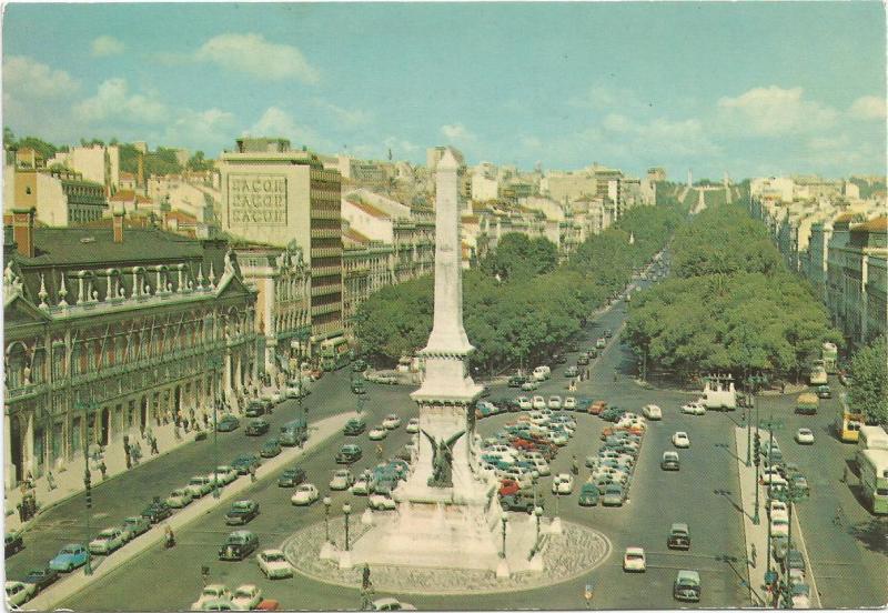 Buses and Cars on Restauradores Square Liberdade Avenue Lisbon Portugal Postcard
