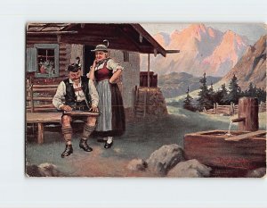 Postcard Man Lady House Well Landscape Scenery