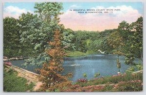 Linen~Beautiful Brown Country State Park~Bloomington IN~Person On Rowboat~Vtg PC