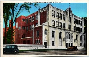 Postcard NY Oneida County Utica St. Francis De Sales School Old Cars 1937 S29