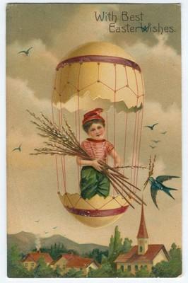 Vintage Easter Postcard Boy Riding in Eggshell HOT AIR BA...