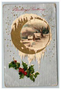 Vintage 1909 Winsch Back Christmas Postcard - Gold Moon Snowy Scene Mistletoe