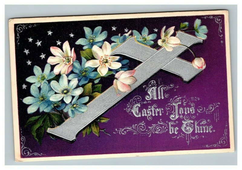 Vintage 1910's Easter Postcard Purple Face Silver Cross Blue White Flowers NICE