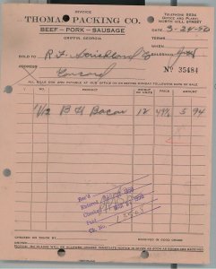 1950 Thomas Packing Co. Griffin GA Beef-Pork-Sausage Invoice for Bacon 140