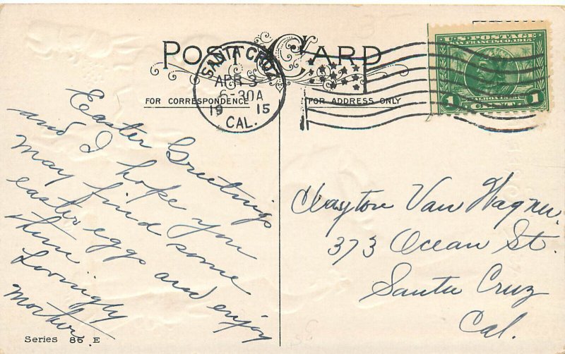 Embossed Easter Postcard Anthropomorphic Dressed Rabbit Mother, Children Egg 86D