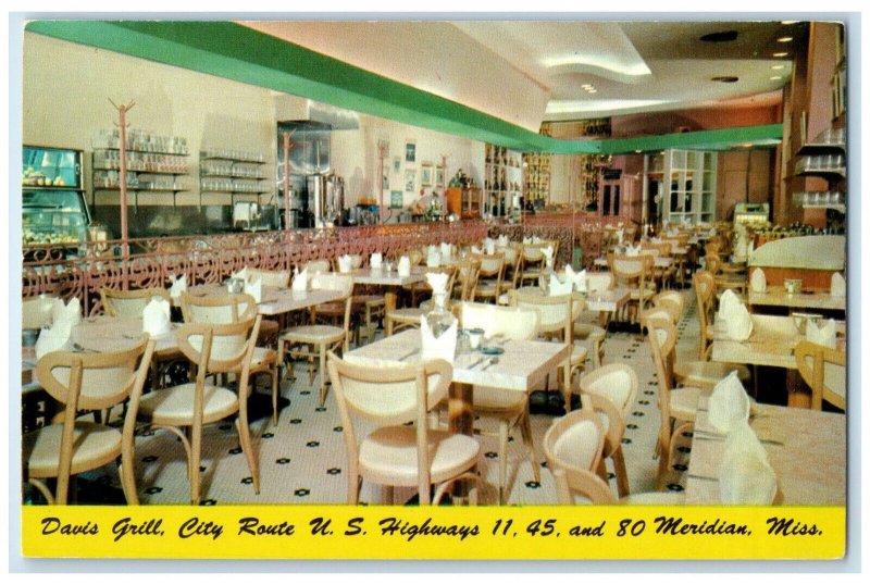 c1960's Davis Grill City Route US Highways 11 Meridian Mississippi MS Postcard