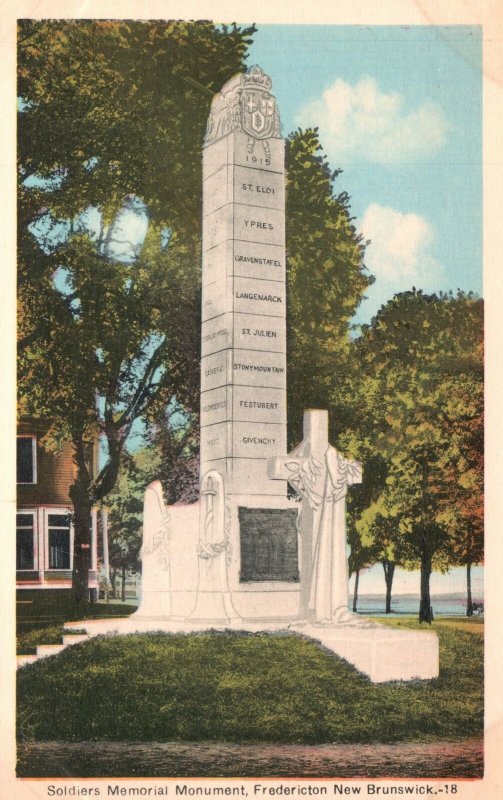 Vintage Postcard 1920's Soldiers Memorial Monument Fredericton New Brunswick CAN