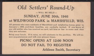Postal Card Old Settlers' Round-Up at Wildwood Park in Marshfield WI pm1946