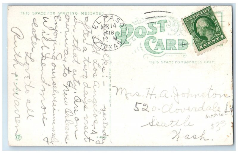 1916 New Masonic Temple Exterior Roadside El Paso Texas TX Posted Cars Postcard