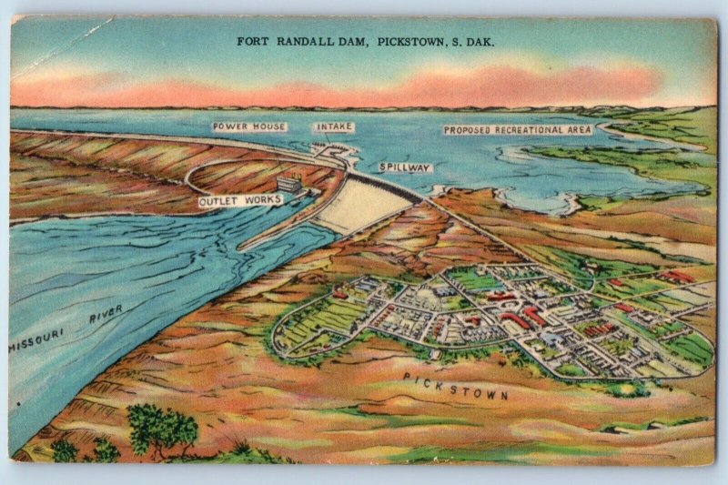 Pickstown South Dakota Postcard Fort Randall Dam Exterior c1940 Vintage Antique