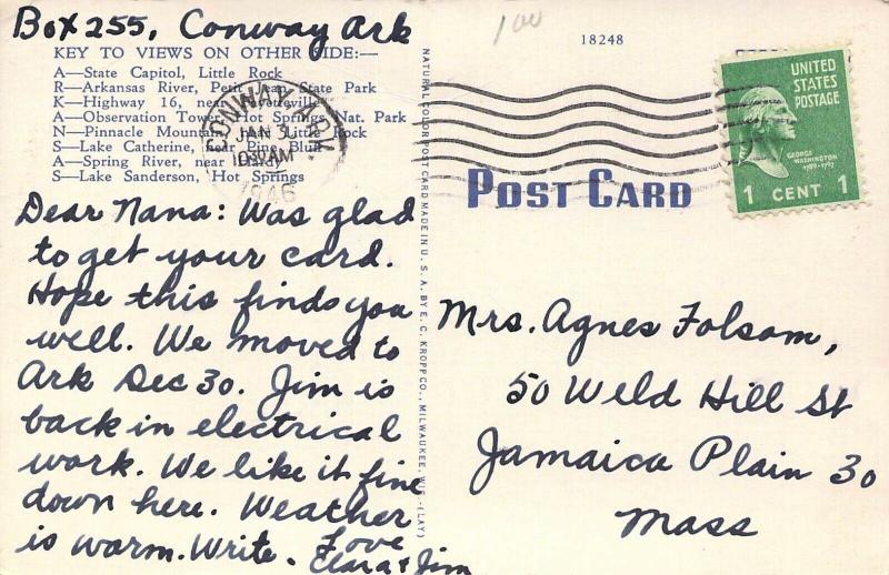 Linen Era,Large Letter, Greetings From Arkansas, Waterfall, Old Postcard 