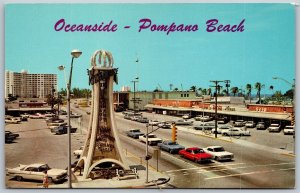 Vtg Pompano Beach Florida FL Oceanside Esplanade 1960s Street View Cars Postcard