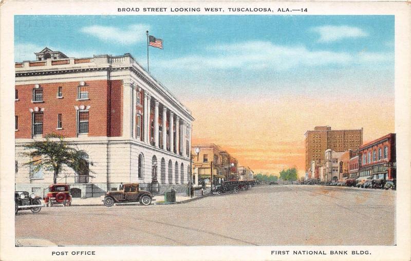 B12/ Tuscaloosa Alabama AL Postcard c1920s Broad Street Looking West Bank Post