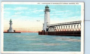 1924 Lighthouse At Entrance Of Harbor Truss Bridge Kenosha Wisconsin WI Postcard