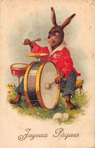 French Easter Greetings Dressed Bunny Rabbit Playing Drums Postcard AA49059 
