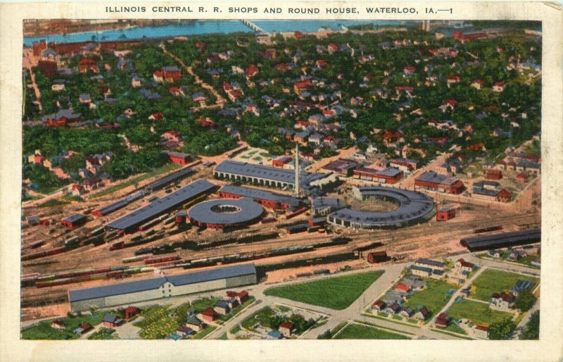 1941 Illinois Central Rail Road Shops And Round House, Waterloo, IO Vtg Postcard