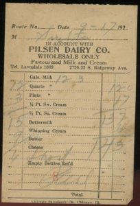 c1925 CHICAGO IL PILSEN DAIRY CO. RIDGEWAY AVE WHOLESALE ONLY INVOICE 35-1