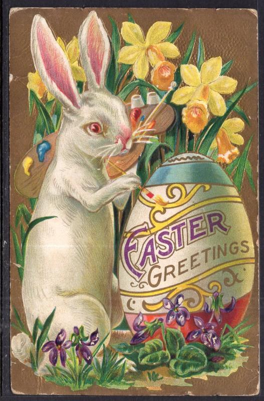 Easter Greetings Rabbit Painging Egg Flowers BIN
