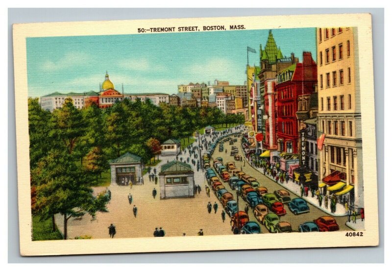 Vintage 1940's Postcard Aerial View Tremont Street Old Cars Boston Massachusetts