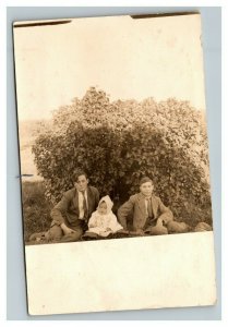 Vintage 1910's RPPC Postcard Portrait Two Boys and a Baby in The Garden