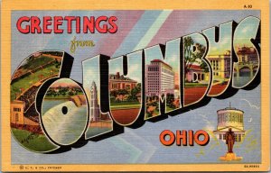 Vtg 1930's Greetings From Columbus Ohio OH Large Letter Linen Postcard