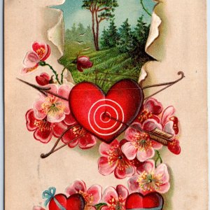1909 To My Valentine Embossed Quality Bow Arrow Heart Flower Postcard Rip A184