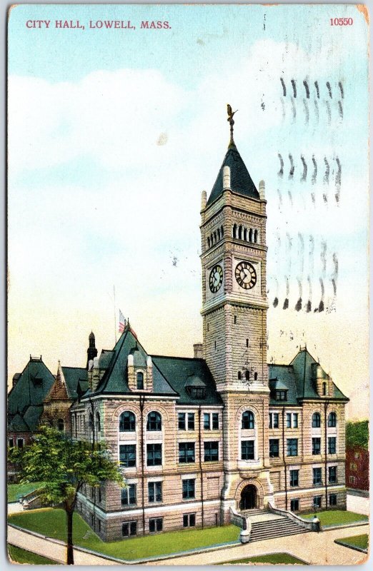 VINTAGE POSTCARD CITY HALL BUILDING AT LOWELL MASSACHUSETTS POSTED 1912