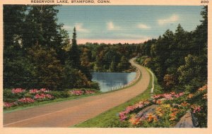 Reservoir Lake Roadway Bridge Flowers Stamford Connecticut CT Vintage Postcard