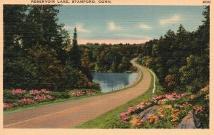 Vintage Postcard Reservoir Lake Roadway Bridge Flowers Stamford Connecticut CT