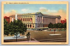 Philadelphia Pennsylvania~Public Library Street View~1936 Linen Postcard
