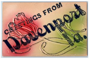 c1910 Greetings from Davenport IA Glitters Flowers Embossed Airbrush Postcard 