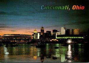 Ohio Cincinnati Skyline At Night With Riverfront Stadium