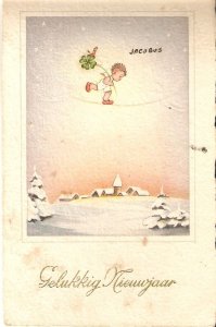 Little boy walking with flower in the sky Old vintage New Year Greetings postc