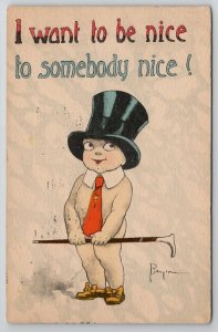 Cute Child In Top Hat With Cane  I Want To Be Nice Artist Signed Postcard T25