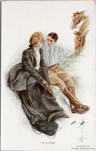 Harrison Fisher Artist Woman Man Horses 'in Clover' Unused Scribner Postcard E82