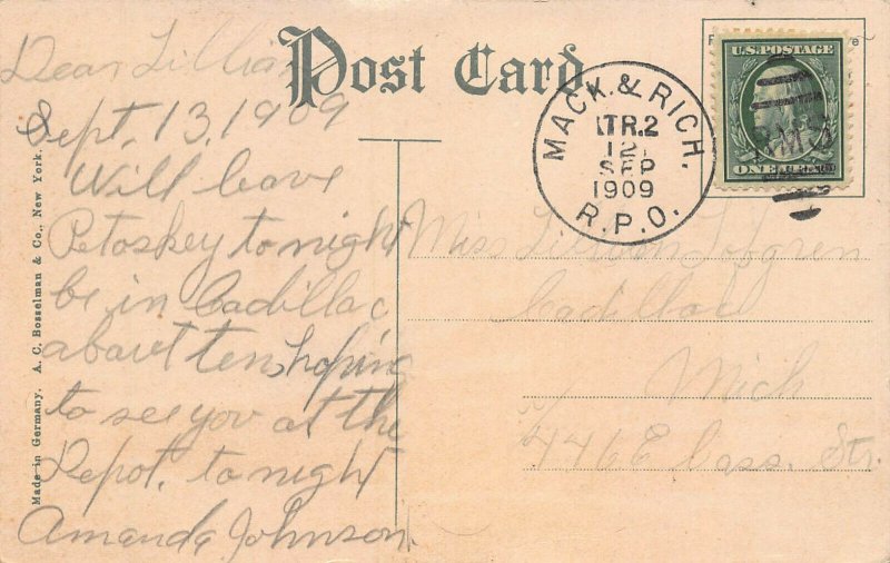 S. S. Illinois of Northern Michigan Line, Postcard, Used in 1909, R.P.O. Cancel