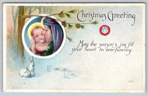 Christmas Greeting, Mary And Baby Jesus, Rabbits, Antique 1920 Postcards