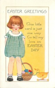 Easter Postcard, Redheaded Girl in Romper, Toy Duck Embossed Easter Greetings